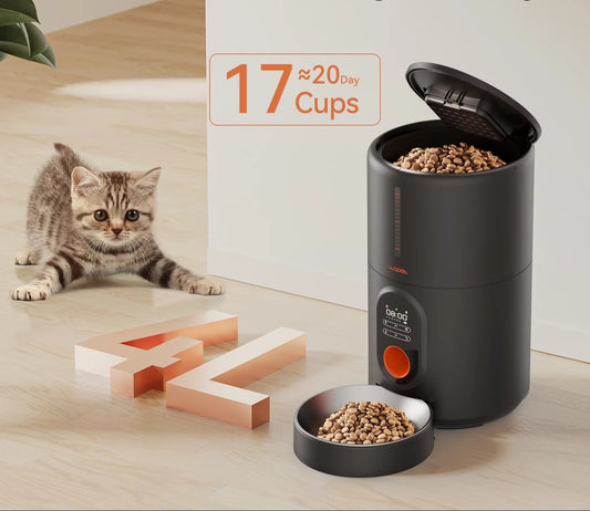 Automatic Dog Feeders, Pet Feeder, Cat Food Dispenser with Stainless Steel Bowl, 4L, Black