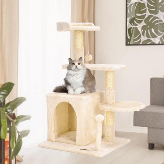 Cat Tree Tower,  Cat Condo Tree Climbing Frame Furniture with Scratching Post Cat House for Outdoor Indoor Cat Tower Cat Activity Centre for Sleeping and Playing (33.5" Beige)