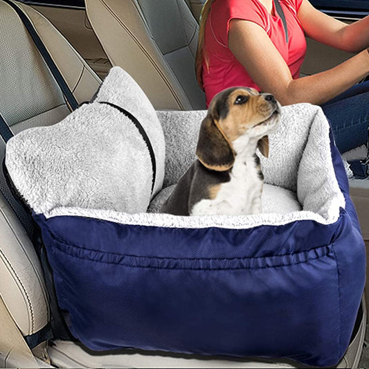 Dog Car Seat for Small Dogs, Fully Detachable and Washable Cat Carseats under 25 Lbs, Soft Pet Booster Seats with Storage Pockets and Clip-On Leash Portable Car Travel Carrier Bed, Blue