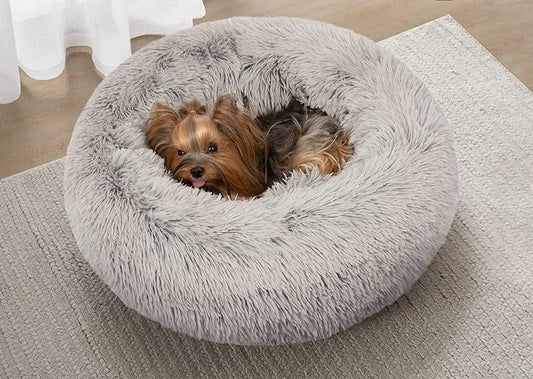 Donut Dog Bed Faux Fur Fluffy Calming Sofa for Small Dogs, Soft & Plush anti Anxiety Pet Couch for Dogs, Machine Washable Coco Pet Bed with Non-Slip Bottom, 23"X23"X6" Grey