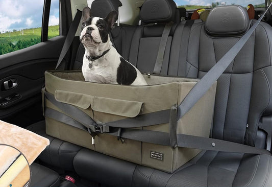 Dog Booster Seat for 2 Small Dogs or Medium Dog up to 45 Lb, Large Dog Car Seat with 2 Big Pockets for Cars, Trucks and Suvs (Large, Dark Brown)