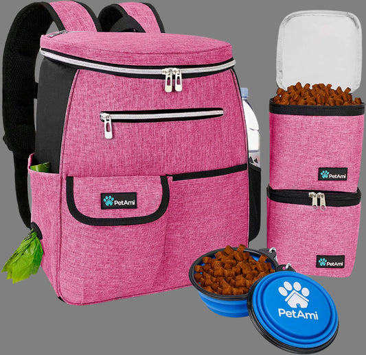 Dog Travel Bag Backpack, Airline Approved Dog Bags for Traveling, Puppy Diaper Bag Supplies, Pet Camping Essentials Hiking Accessories Dog Mom Gift, Food Container, Collapsible Bowls, Pink